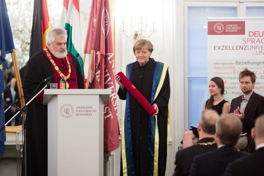 MERKEL, Angela; Szabó Gábor; Angela Merkel német kancellár látogatása az Andrássy Egyetemen.