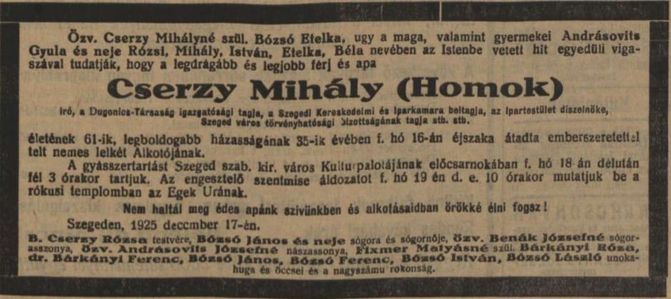 1925 telén egész Szeged gyászba borult, Cserzy Mihályt búcsúztatták