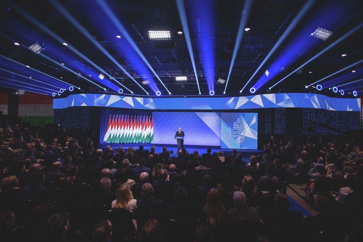 Orbán Viktor évértékelője a Várkert bazárban 2025. február 22-én  - most Magyar Péter másolná a kormányfőt (Fotó: Polyák Attila)