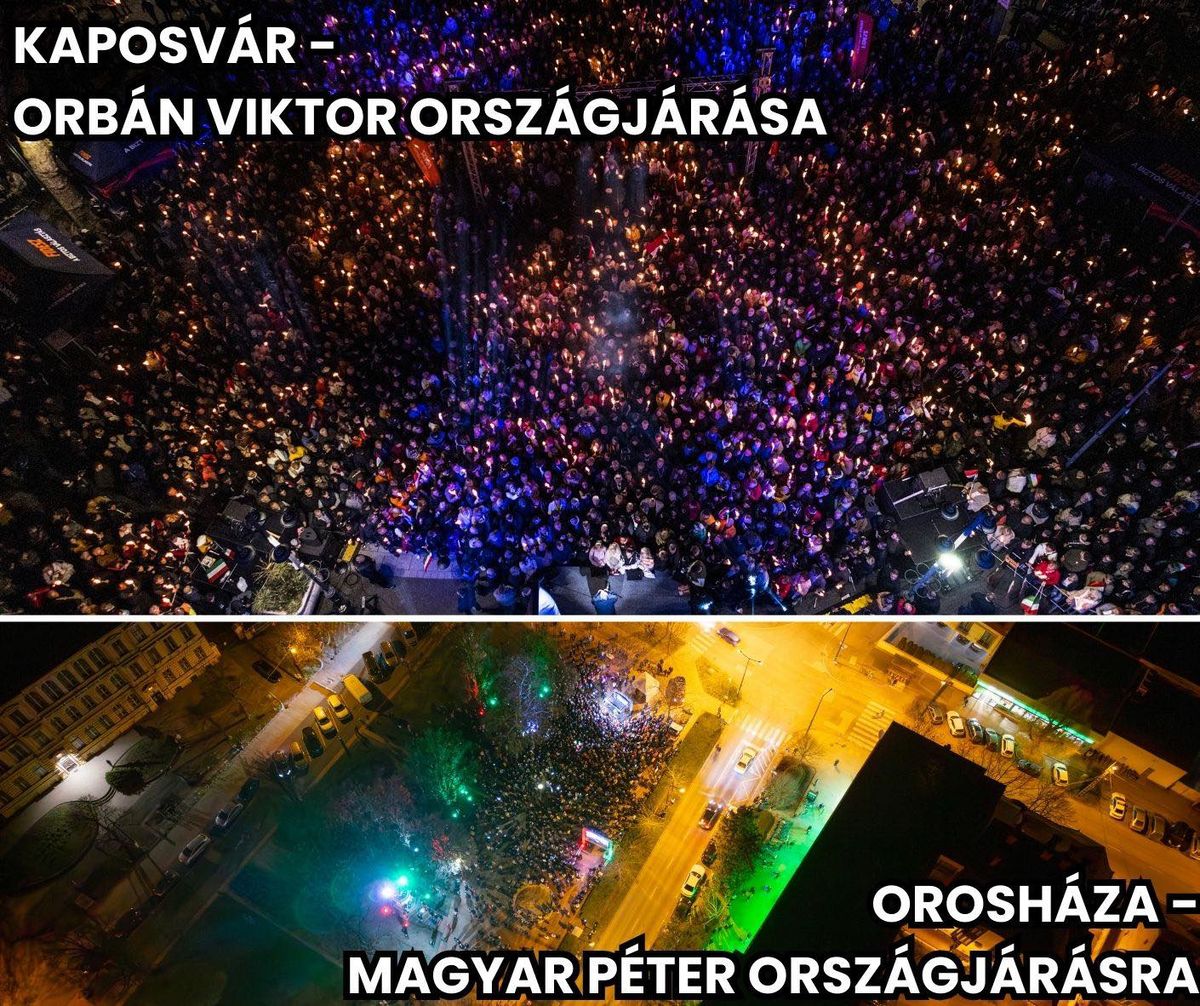 Orbán Viktor Kaposváron töltötte meg a főteret, miközben Magyar Péter orosházi jelöltje kínos nyelvbotlásokkal küzdött a színpadon. Fotó: Szarvas Szilveszter/Facebook